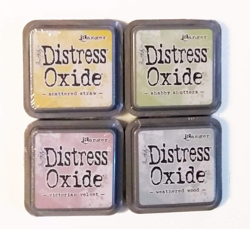 Tim Holtz Ranger Distress Oxide Ink Bundle - Four 3" x 3" Pads (S - Soft Shades : Scattered Straw, Shabby Shutters, Weathered Wood, and Victorian Velvet)